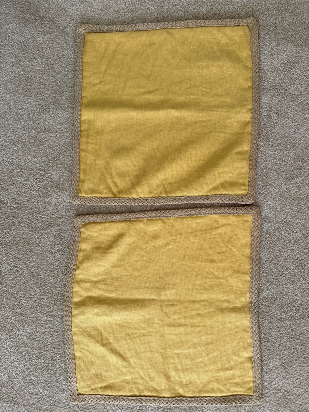 Pottery Barn Yellow Square Accent Pillow Covers with Tan Braid